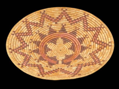 Huge Vintage Navajo Wedding Basket: Offered here for your consideration is a huge vintage Navajo wedding basket and it has a Tohono O&#39;odham wire basked fastened to it for a base. The basket features the classic colors of red and bla