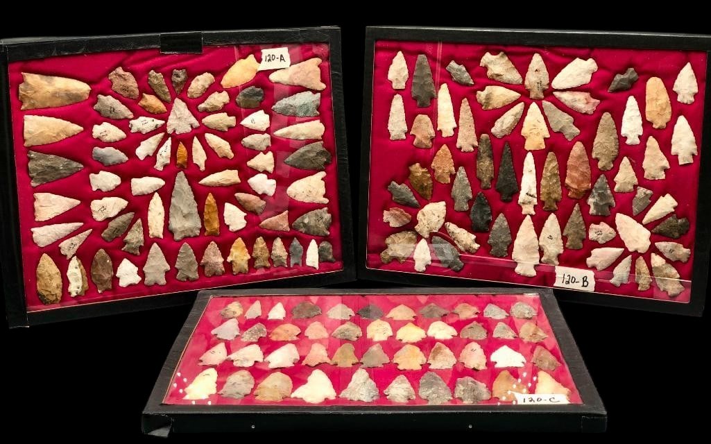 Group Of Arrowhead Displays: Offered here for your consideration is a group of three arrowhead displays. Each of these displays feature large groups of arrowheads in various sizes, shapes and colors. A number of the arrowheads ar