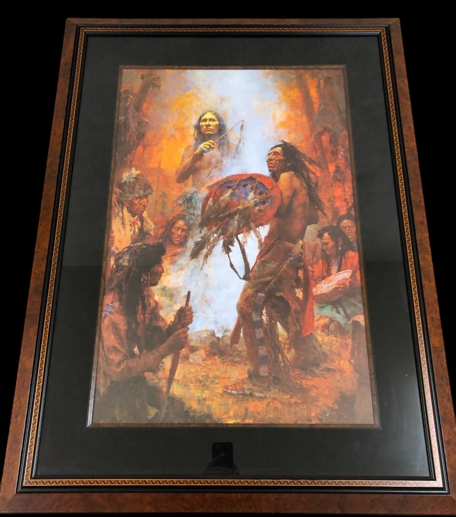 "Transferring The Medicine Shield" By Howard Terpning: Offered for your purchase here is "Transferring The Medicine Shield", a print by Howard Terpning. Howard Terpning is considered to be one of the most lauded painters of Western art. According to him,