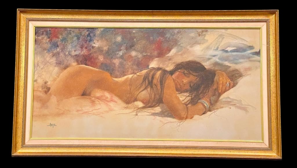 Sleeping Female Nude - Oil On Canvas By Jimmy Abeita: Offered for your purchase here is a an original painting of a sleeping female nude by Jimmy Abeita. This painting features a beautiful Native American female sporting her turquoise jewelry, and not mu