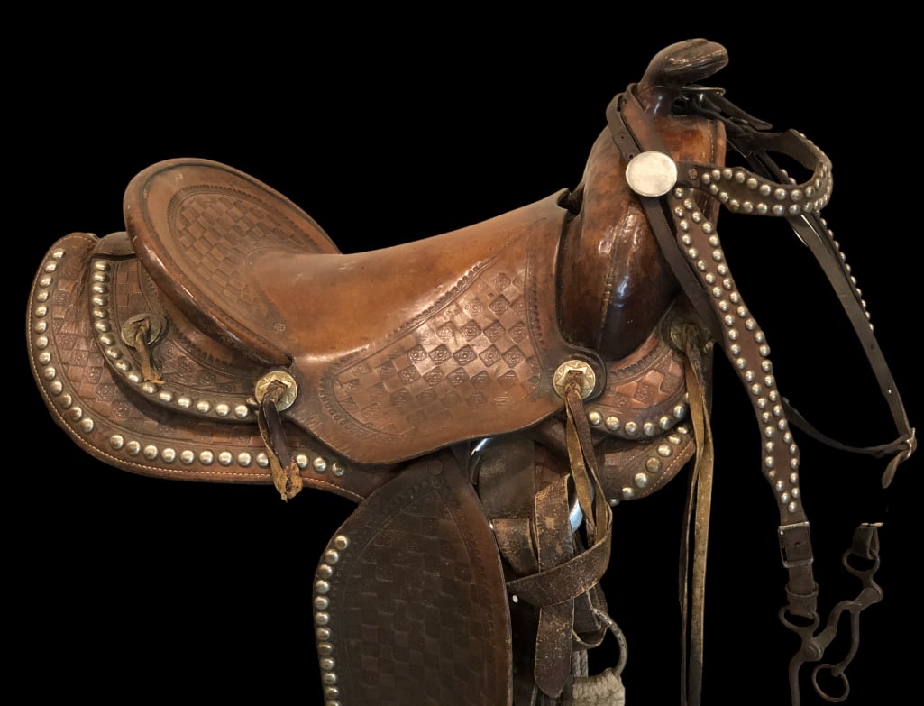 Vintage Studded Saddle With Matching Bridle: Offered here for your consideration is a vintage studded saddle with a matching bridle. This saddle and bridle would look great in your home, tack room or office decor, or put them to use. Bid now! MA