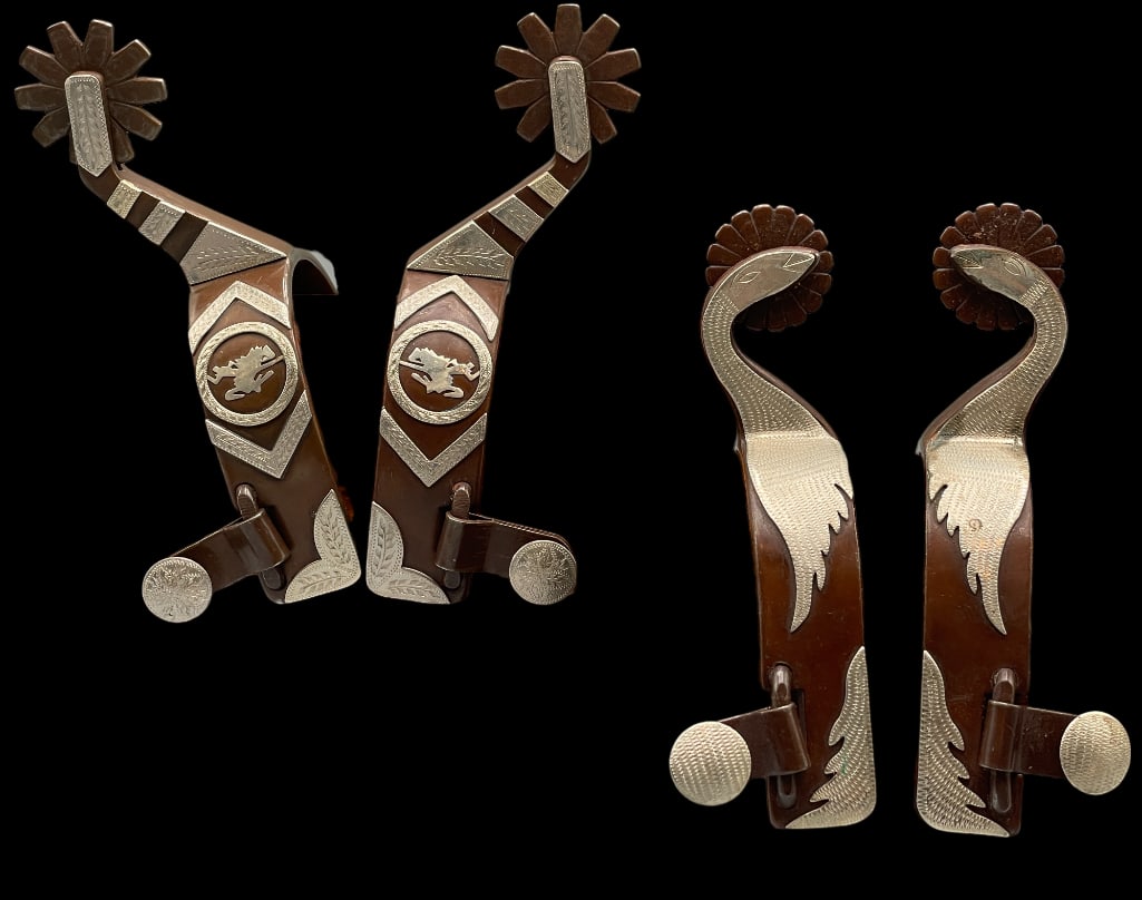 Two Pair Production or Feed Store Type Spurs: Available here for your consideration are two pair of "production" type spurs. The first pair has a swan design. The second pair features a Cowboy on a bucking bronc. Great if you want the loo