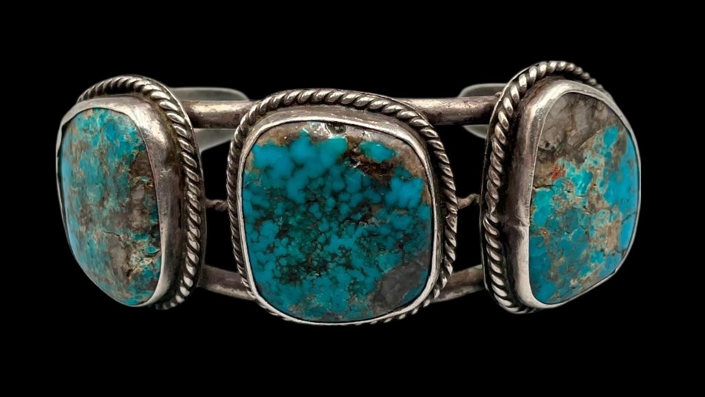 Three Stone Nice Turquoise And Sterling Silver Bracelet (1 of 12)