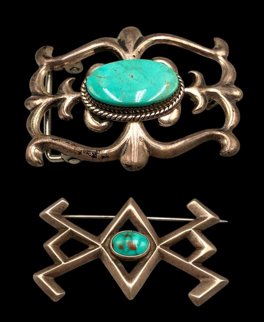 Vintage Sandcast Turquoise Belt Buckle And Pin: Offered here for your bidding enjoyment is a vintage sandcast turquoise belt buckle and pin. This sterling silver buckle has a nice sandcast design accented with a central turquoise cabochon resting i