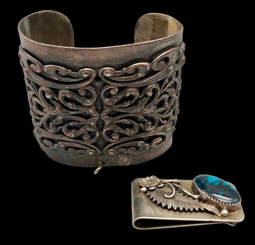 Wide Sterling Silver Bracelet And High Grade Turquoise And Sterling Silver Money Clip (1 of 13)
