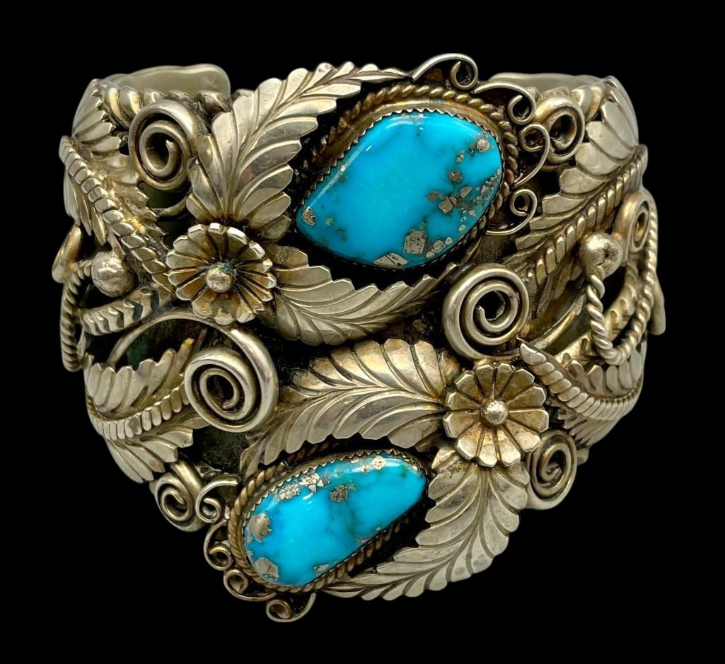 Vintage Massive Sterling Silver And Morenci Turquoise Bracelet (1 of 11)