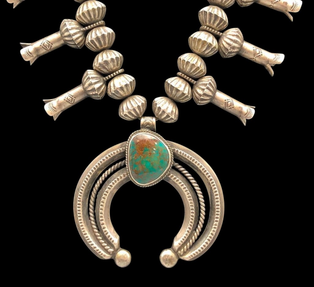 Fluted Bead And Green Turquoise Naja Squash Blossom Necklace By Eugene Hale (1 of 18)