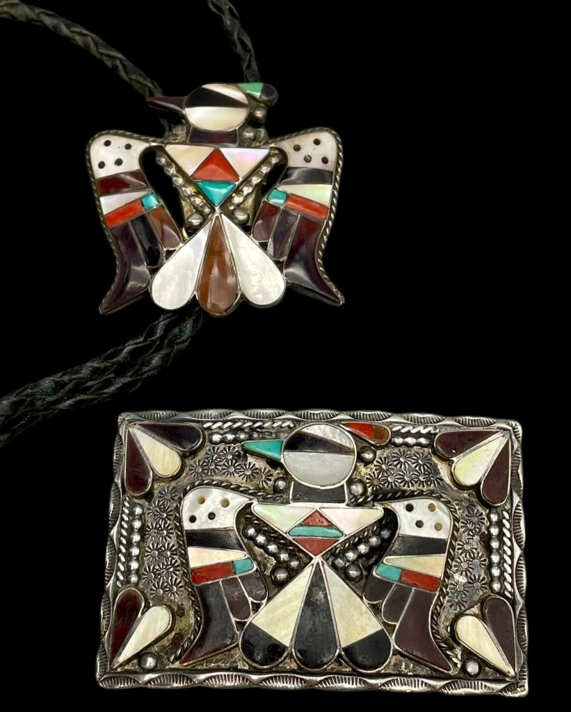 Bobby And Corraine Shack Inlay Thunderbird Bolo Tie And Belt Buckle: Offered in this lot is a Bobby and Corraine Shack inlay Thunderbird bolo tie and belt buckle. This bolo slide and belt buckle are both highlighted with intricate Thunderbird themed channel inlay desig