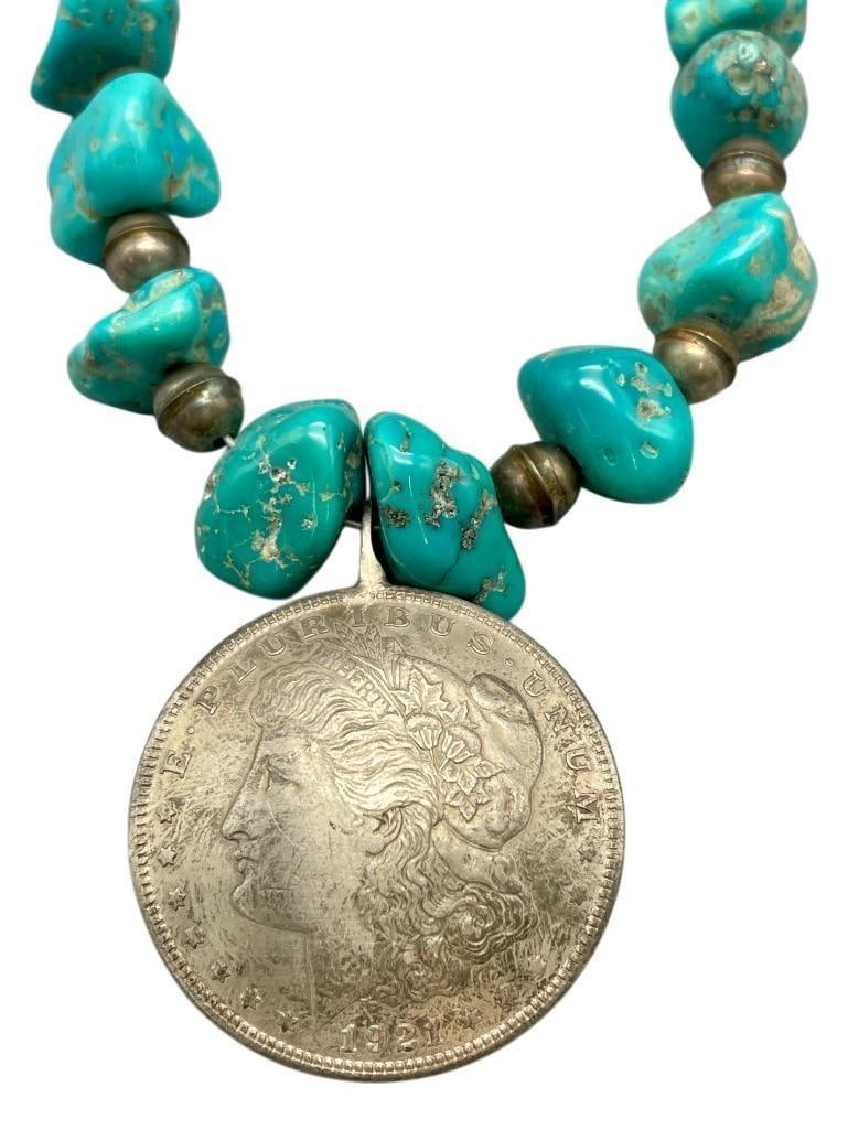 Vintage Turquoise Nugget Necklace With Coin Pendant (1 of 17)