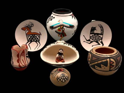 Seven Pieces Miniature Pueblo Pottery: Presented here for your consideration are seven pieces of miniature Pueblo pottery featuring a variety from bowls to pots and figurines to vases. The pieces feature a variety of colors and designs inc