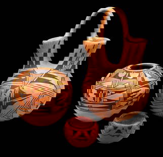 Hopi And Maricopa Pottery Group: Offered here for your consideration is a group of Hopi and Maricopa pottery. There is a miniature pot, a round pot and a wedding vase. The miniature pot is a traditional Maricopa pottery design in bla