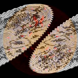 Large Black Family Navajo Pictorial Basket: Offered here for your consideration is a large Navajo pictorial basket attributed to one of the Black family members who make wonderful baskets. It features figural designs in vibrant colors of black