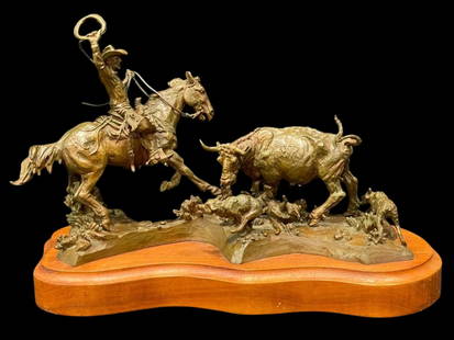 Western Bronze #3 of 7 By Paul Crites: Offered here for your consideration is a Western bronze by Paul Crites that is numbered 3/7. This bronze features a cowboy herding a cow. This bronze is on a wooden base and would look great in your h