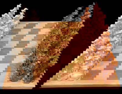 Vintage Western Themed Chess Set: Offered here for your consideration is a vintage Western themed chess set. This chess set comes with a 17 1/2 inch square wooden chess board and features 32 glazed ceramic pieces in two colors featuri