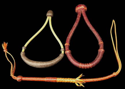 Group Of Rawhide And Calfskin Bosals And Quirt: Presented for your consideration is a group of rawhide and calfskin bosals and a quirt The bosals are are in like new condition and are handmade. This quirt is made of hand braided rawhide and leather