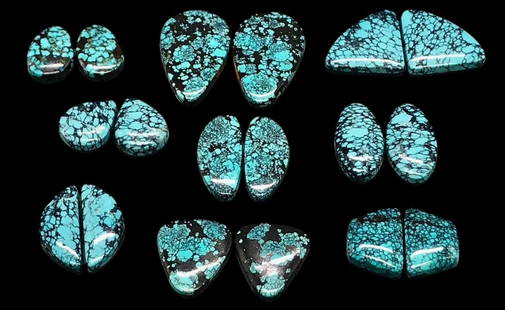 Approximately 250 Carats Webbed Turquoise Pairs: Offered here for your consideration are approximately 250 carats of webbed turquoise cabochon pairs. The bright blue cabochons all have great matrix throughout. This lot includes nine pairs of natural