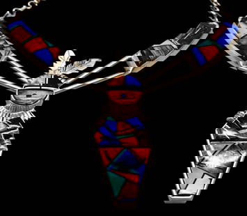 Multi Stone Inlay Necklace By Alvin Yellowhorse: Offered here for your consideration is a multi stone inlay necklace by Alvin Yellowhorse. This sterling silver necklace showcases a great figural design crafted with multi stone inlay featuring turquo