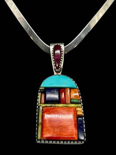 Cobblestone Inlay Pendant And Necklace By Don Staats: Offered here for your consideration is a cobblestone inlay pendant and necklace by Don Staats. This striking pendant showcases a cobblestone inlay design crafted from turquoise, lapis, coral, spiny oy