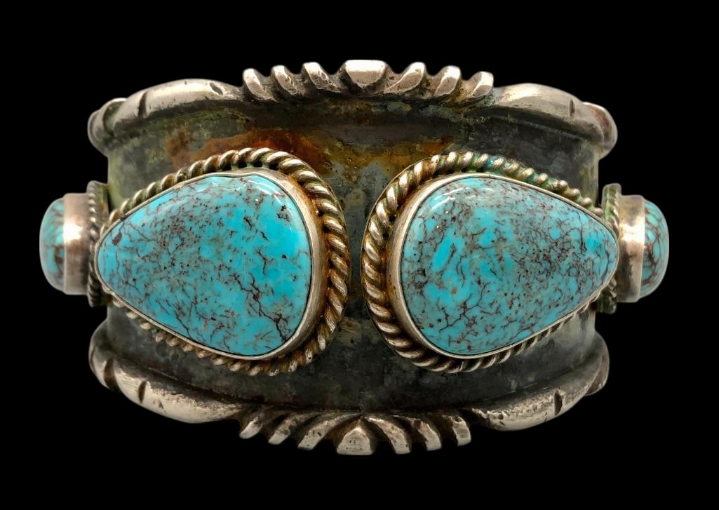 Hefty Silver Bracelet With Egyptian Turquoise: For your bidding enjoyment we present a hefty silver bracelet with Egyptian turquoise. Egyptian turquoise comes from the Sinai Peninsula and has been prized for over 6,000 years. Ancient Egyptian roya