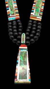 Contemporary Kewa Inlay Necklace: Offered here for your consideration is a contemporary Kewa inlay necklace. This necklace features three pendants each showcasing a lovely inlay design created with turquoise, mother of pearl, jet and