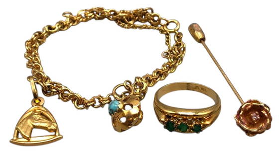 Bracelet, Ring And Pin - 18K And 14K (23 Grams): Offered here for your consideration are a bracelet, ring and pin - 18K and 14K (the ring and bracelet are marked others tested) (23.0 Grams). The charm bracelet features a link chain and two charms. O