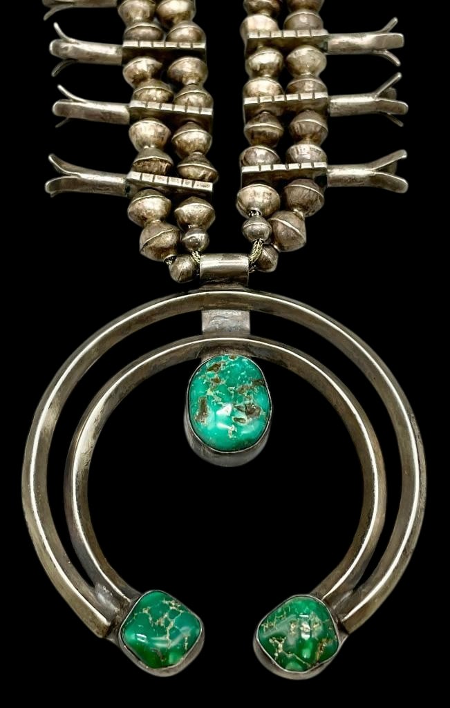 Circa 1940s Four Petal Squash Blossom Necklace With Handmade Beads (Prototype of Box Bow Style) (1 of 19)