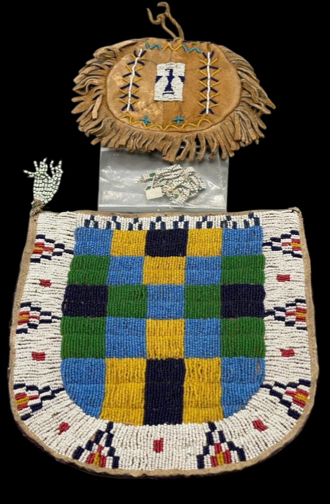 Two Antique To Vintage Beaded Bags: Offered here for your consideration are two antique to vintage beaded bags being sold together. One is a circular bag with multicolor beadwork and an eagle motif. The second has a beaded leather panel