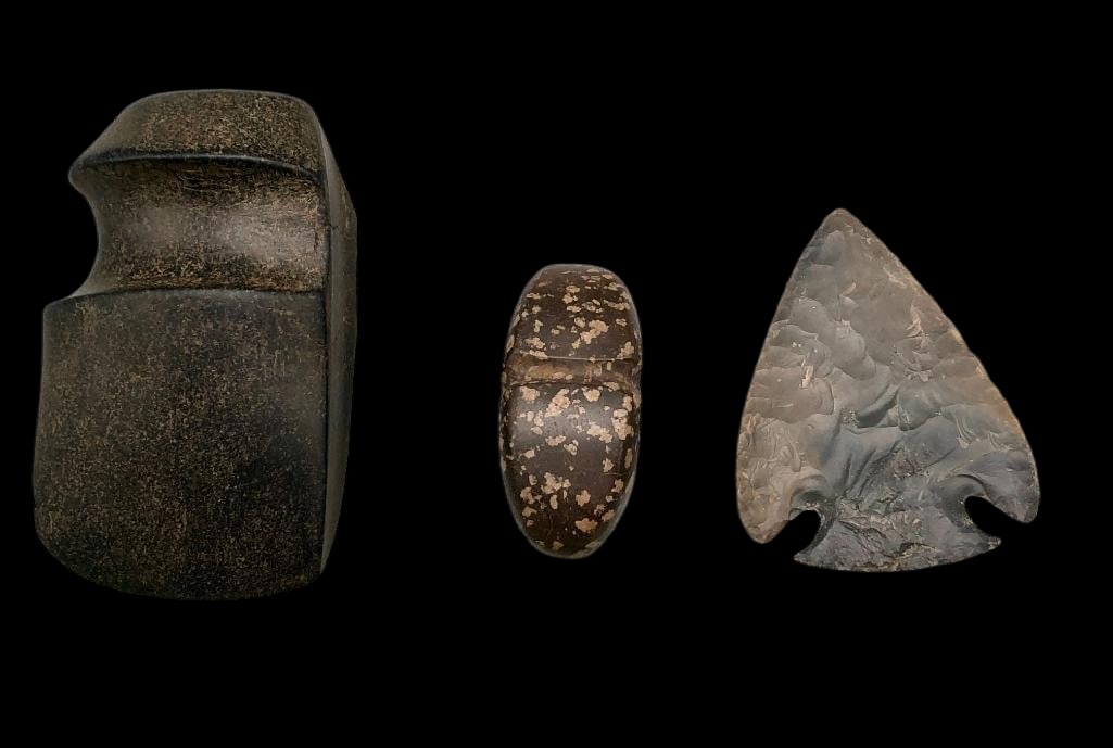 Group of Three Stone Artifacts from Kentucky: Offered here for your consideration is a group of three stone artifacts from the Kentucky region. This group includes one three-quarter groove axe, a smaller grooved axe head and a large stemmed point