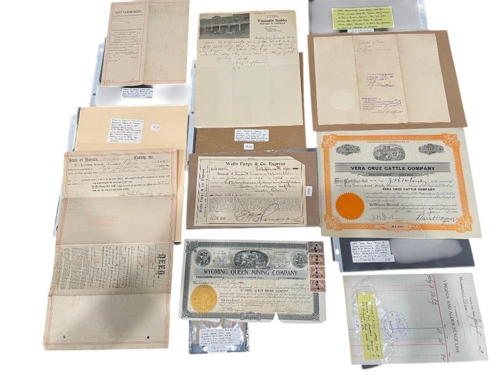 Large Group of Mining & Western Historic Ephemera: Offered here for your consideration is a large group of mining and Western historic ephemera. The collection includes early stock certificates from Vera Cruz Cattle Co. and Wyoming Queen Mining Co., a