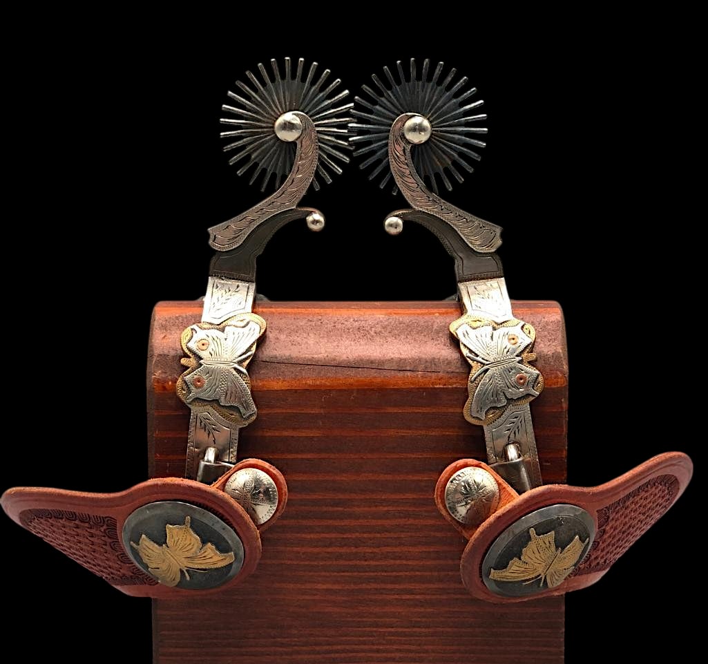 Custom-Made Butterfly Spurs & Straps by L&M: Offered here for your consideration is a pair of custom made butterfly pattern spurs with straps by (L&M) Lytle & Mower. These spurs are double mounted with engraved silver overlays on the heel band a