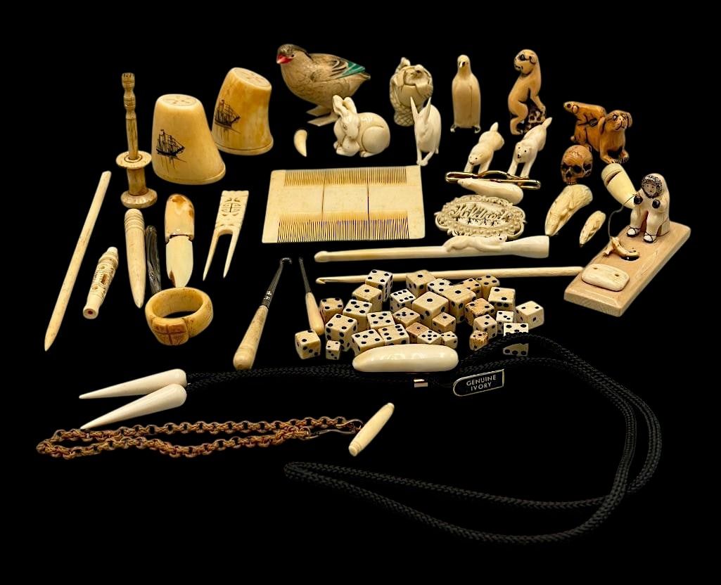 Group of Antique Fossilized Ivory, Etc. (Jewelry And Artistic Items): Offered here for your consideration is a large group of antique fossilized ivory and bone and related items, including jewelry, carved figures, utilitarian tools, and dice. This extensive lot features