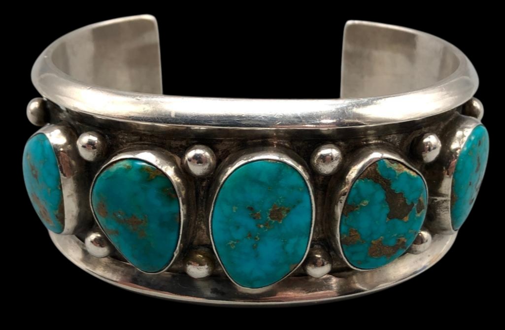 Vintage Five Stone Blue Gem Turquoise Bracelet By Billy John Hoskie: For your bidding enjoyment we present a five stone Blue Gem turquoise bracelet by Billy John Hoskie. Blue Gem turquoise was produced in the Blue Gem Mine near Battle Mountain. Production began in 1934