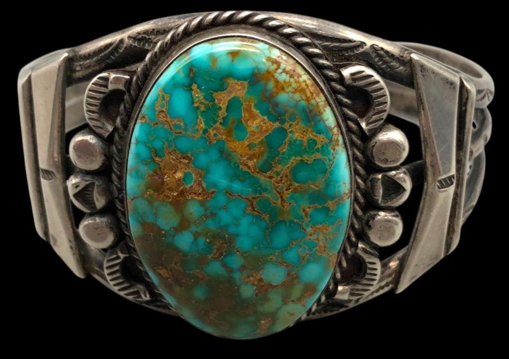 Vintage Royston Turquoise Bracelet: For your bidding enjoyment we present a vintage Royston turquoise bracelet. Royston turquoise has been mined since the early 1900s near Tonopah, Nevada. This bracelet features a beautiful Royston turq