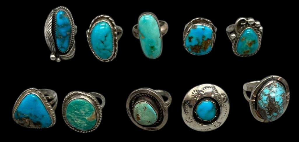 Collection of Ten Turquoise & Sterling Silver Rings: Offered here for your consideration is a collection of ten turquoise and sterling silver rings. Each ring features a turquoise cabochon displayed in smooth or sawtooth silver bezels. Accenting the set