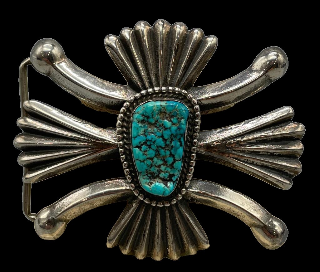 Vintage Sandcast Turquoise Belt Buckle: Offered here for your consideration is a vintage sandcast turquoise belt buckle. This sterling silver belt buckle features a nugget style turquoise cabochon displayed in a smooth silver bezel surround