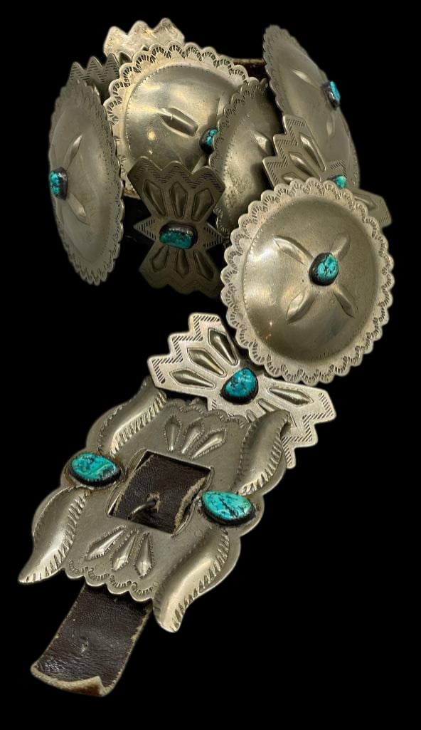 Vintage Nickel Silver and Turquoise Concho Belt: Presented here for your consideration is a vintage nickel silver (Marked German Silver) and turquoise concho belt. The five oval conchos and five butterfly conchos feature one turquoise cabochon resti