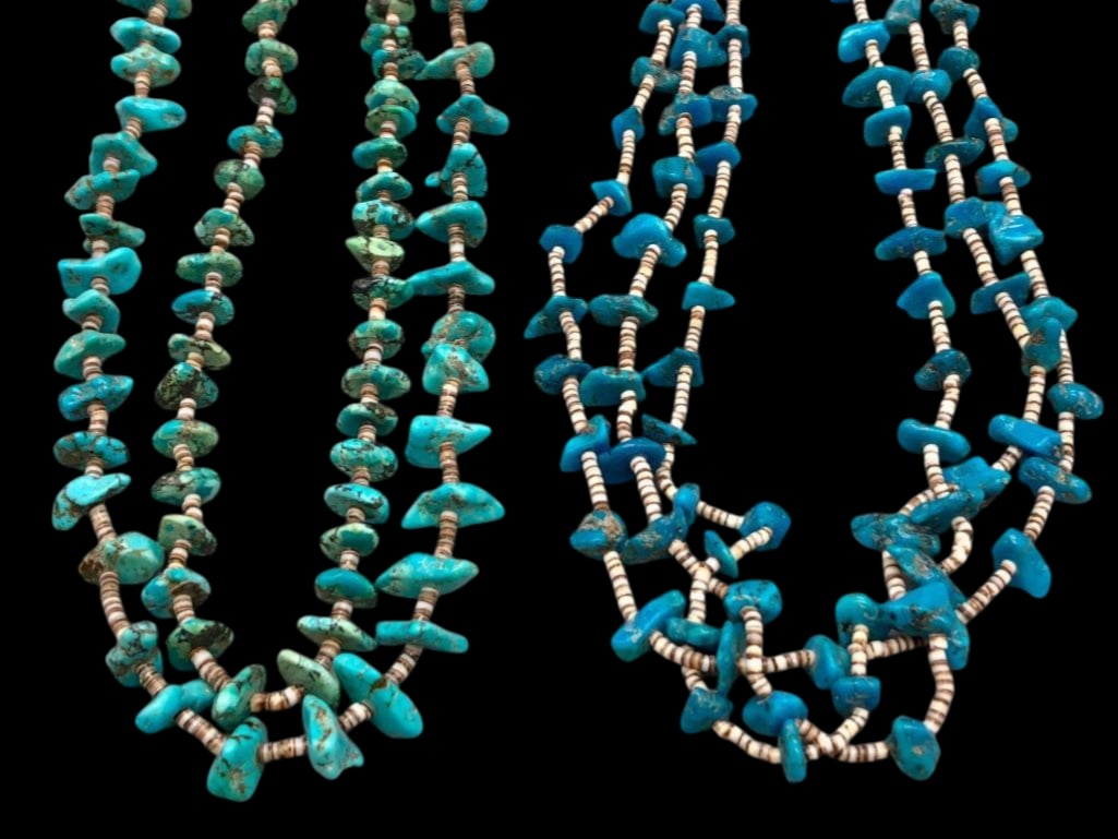 Two Turquoise and Heishi Multi Strand Necklaces: Offered here for your consideration are two turquoise and Heishi multi strand necklaces. The pieces showcase two or three strands of lovely turquoise nugget beads separated by light brown shell Heishi