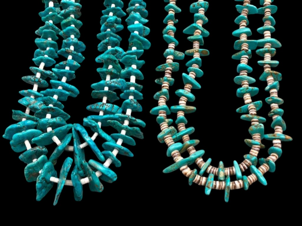 Two Turquoise and Heishi Necklaces: Available here for your consideration are two turquoise and Heishi necklaces. Both feature two strands of turquoise nugget beads set between white or light brown Heishi beads. One piece is strung on c