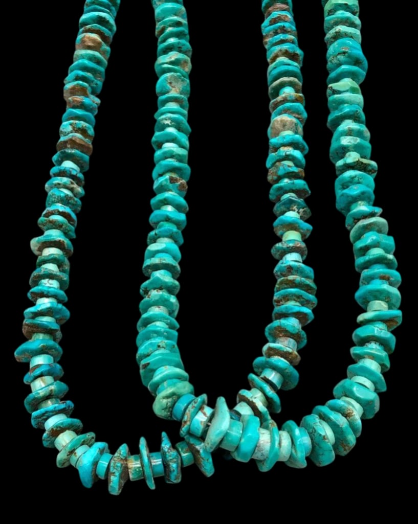 Two Strand Chunky Turquoise and Heishi Style Necklace: Available here for your consideration is a two strand chunky turquoise and Heishi necklace. This necklace showcases two beautiful strands of chunky nugget style turquoise beads interspersed between tu