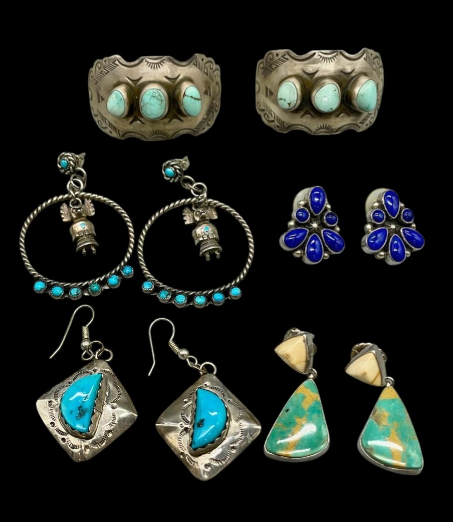 Group of Five Nice Pair Of Earrings: Offered here for your consideration is a group of five nice pair of earrings. This group includes sterling silver earrings highlighted with cabochons of turquoise or lapis resting in smooth, sawtooth 