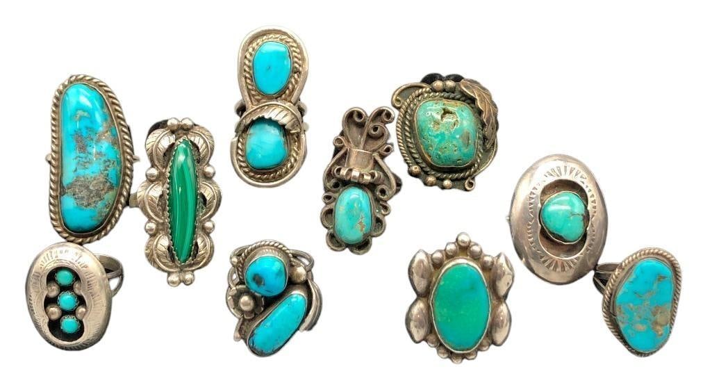 Ten Vintage Turquoise And Sterling Silver Rings: Offered here for your consideration are ten vintage turquoise, malachite and sterling silver rings. These great rings each have their own style and feature a turquoise or malachite cabochon in a varie