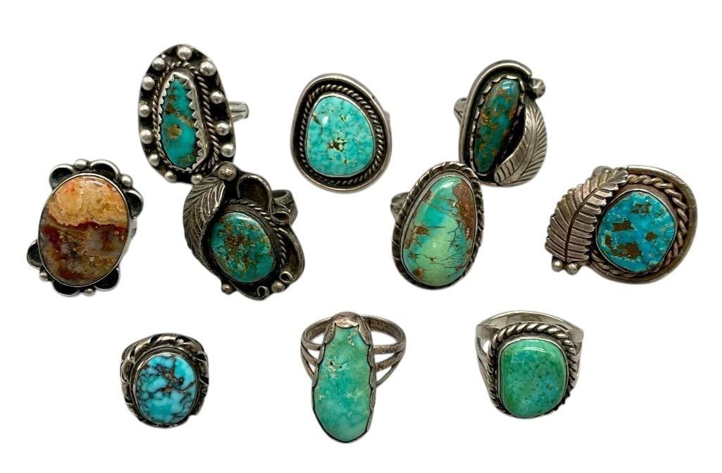 Ten Vintage Silver Rings - Mostly Turquoise: Offered here for your consideration is a group of ten vintage silver rings - mostly turquoise. Nine of these rings feature a turquoise cabochon, while the tenth has an agate all resting in smooth or s