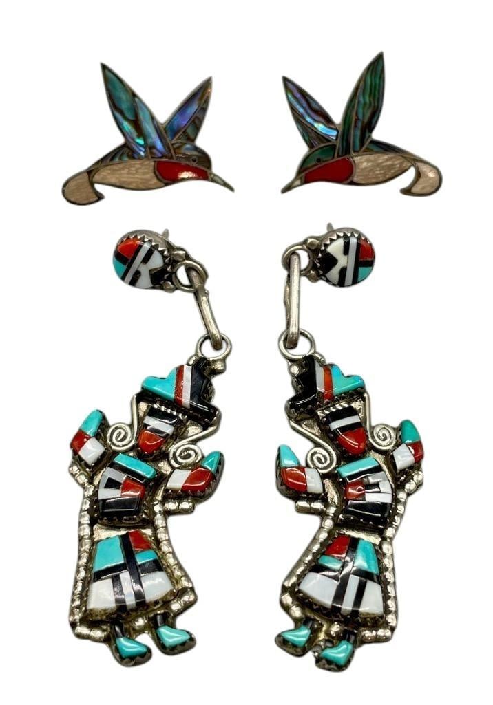 Two Nice Pair Of Inlay Earrings: Offered here for your consideration are two nice pair of inlay earrings. This group includes a pair of Rainbow Man dangle earrings suspended from a Sunface post all created with intricate inlay of tur