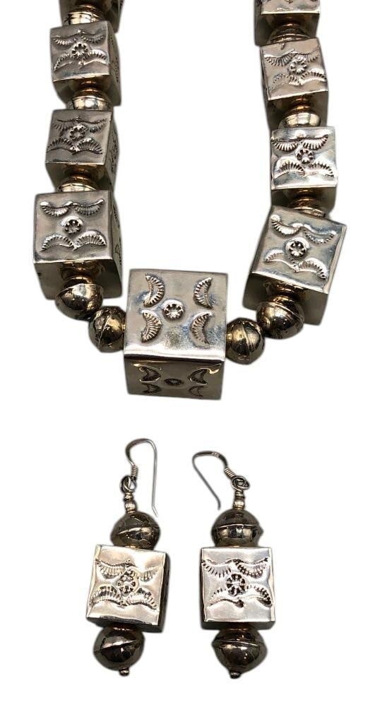 Unique Square Bead Sterling Silver Necklace with Earrings: Offered here for your consideration is a unique square bead sterling silver necklace with earrings. This necklace features a strand of round sterling silver beads accented with hand stamped square bea