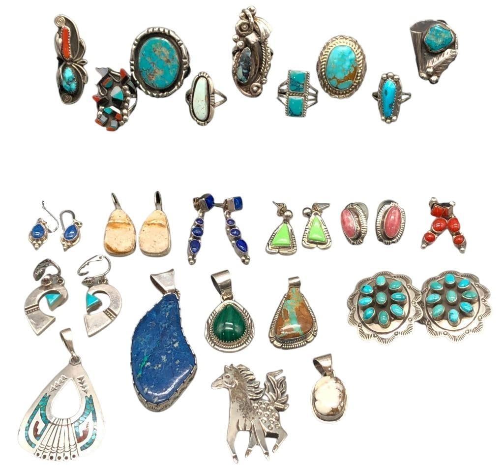 Large Group of Rings, Pendants and Earrings: Offered here for your consideration is a large group of rings, pendants and earrings. In this group are eight pairs of earrings, nine rings, five pendants and a pin. This group includes various sterli