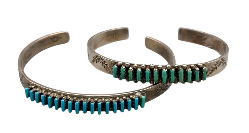 Two Zuni Style Needlepoint Bracelets: For your bidding enjoyment we present two Zuni style needlepoint bracelets. Each bracelet features needlepoint settings, in sawtooth silver bezels, accented with silver dots and stamped silver cuffs.