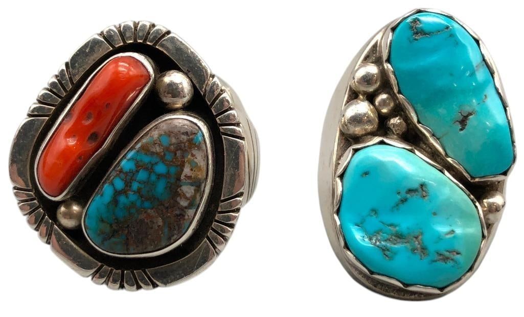 Two Chunky Bisbee and Sleeping Beauty Turquoise Rings: Offered here for your consideration are two chunky Bisbee and Sleeping Beauty turquoise rings. The first ring features a Bisbee turquoise cabochon paired with a branch coral cabochon, each resting in 