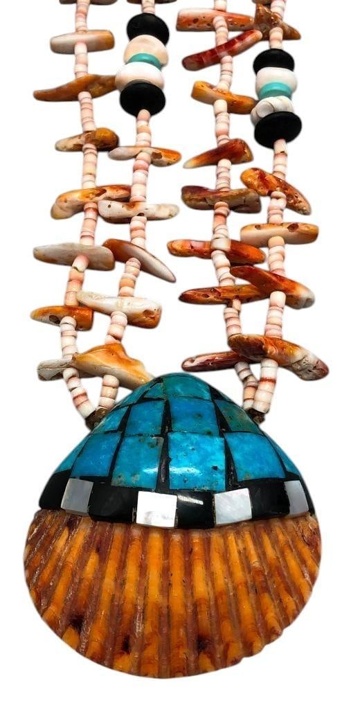 Santo Domingo Spiny Oyster, Heishi, Shell Necklace: Offered here for your consideration is a Santo Domingo spiny oyster, heishi, and shell necklace. This double strand necklace features graduated spiny oyster shell and heishi beads accented with turquo