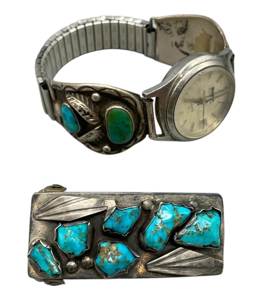 Vintage Natural Turquoise Cluster Buckle And Watch Bracelet: Offered here for your consideration is a vintage natural turquoise cluster belt buckle and a turquoise watch bracelet. The buckle features a six stone arrangement of natural turquoise cabochons in han
