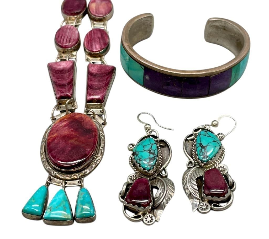 Turquoise & Purple Spiny Oyster Necklace, Earrings And A Bracelet: Offered here for your consideration is a turquoise and purple spiny oyster necklace, earrings and a bracelet. The necklace features turquoise and purple spiny oyster cabochons separated by silver bead